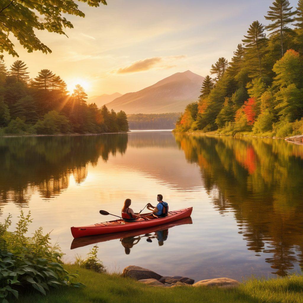 A scenic view of a couple enjoying a tranquil sunset at a Becker County lakeside, engaged in activities like kayaking and picnicking. The backdrop features lush green forests and distant mountains. The couple shares a joyful laugh, surrounded by a warm, golden hue of the sunset. Enhance with elements of adventure and romance. vibrant colors. super-realistic.