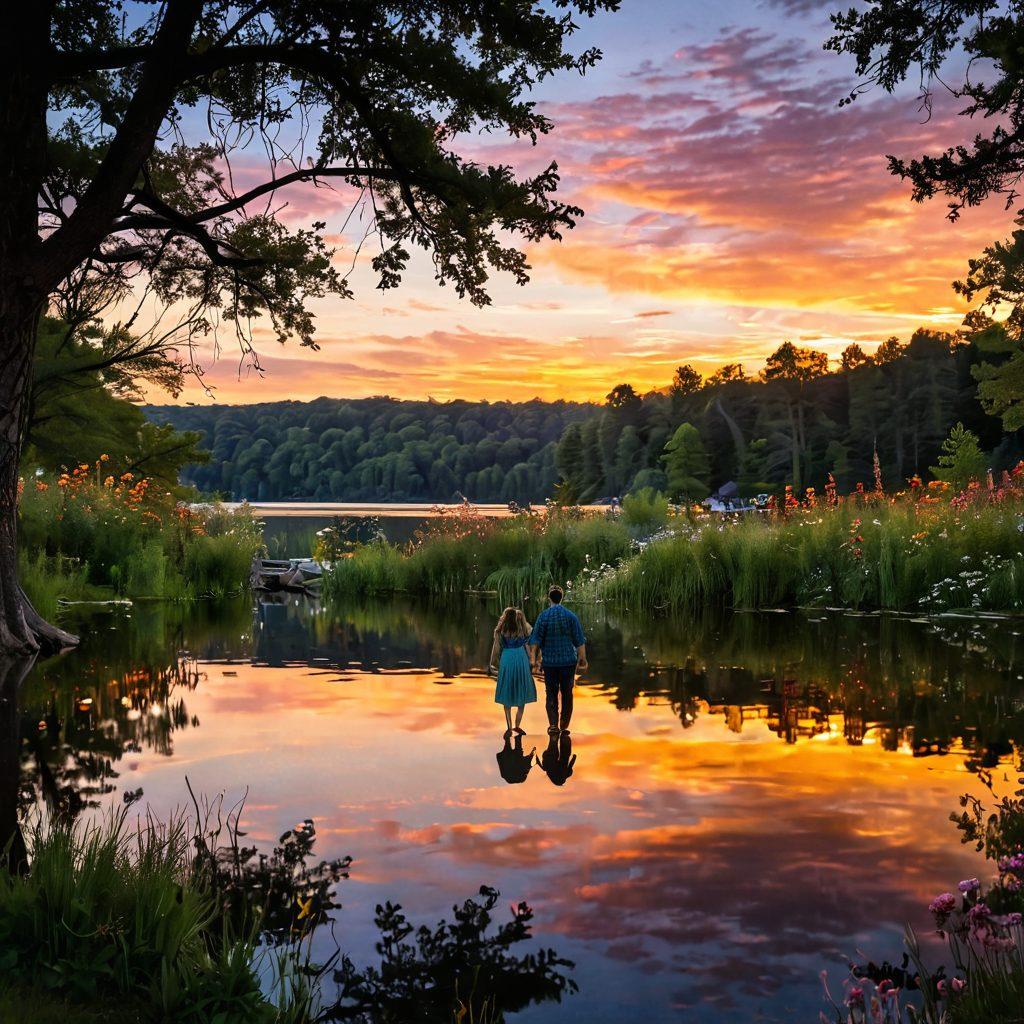 A picturesque sunset over Becker County's serene lakeside, with a couple holding hands, surrounded by wildflowers and softly glowing fairy lights. Enchanting reflections on the water and a cozy picnic set up in the foreground, evoking romance and warmth. Memory photos hanging from branches in the background, capturing joyful moments. vibrant colors. super-realistic. dreamy atmosphere.