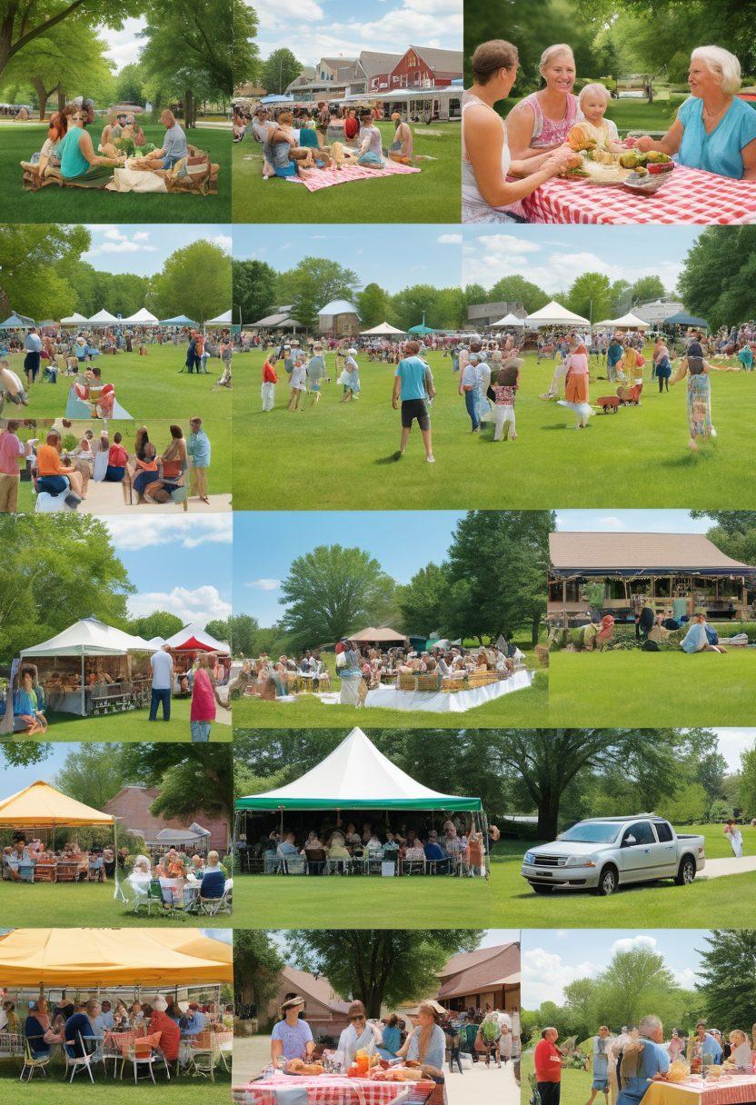 A collage of joyful local events in Becker County, featuring couples enjoying a sunny park picnic, families attending a vibrant farmers' market, and close-up shots of heartfelt connections such as hand-holding and laughter among friends. Include lush green landscapes and charming small-town architecture to evoke a sense of community and love. warm colors. vector art. soft focus.